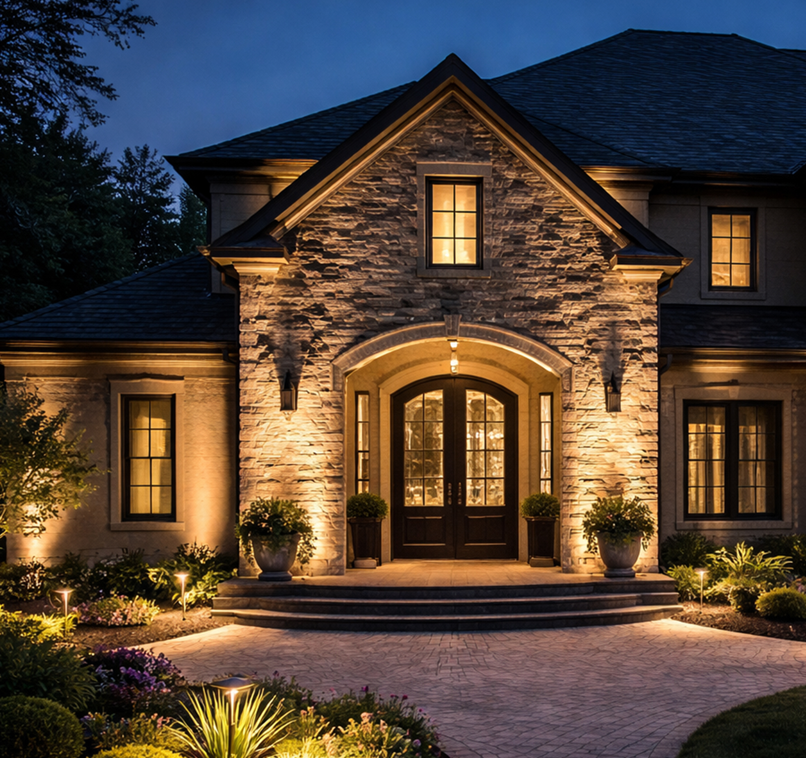 Architectural facade lighting on a luxury house